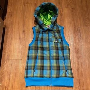 Burton Snowboard Vest Hood Blue/Multi Plaid Pockets Women M